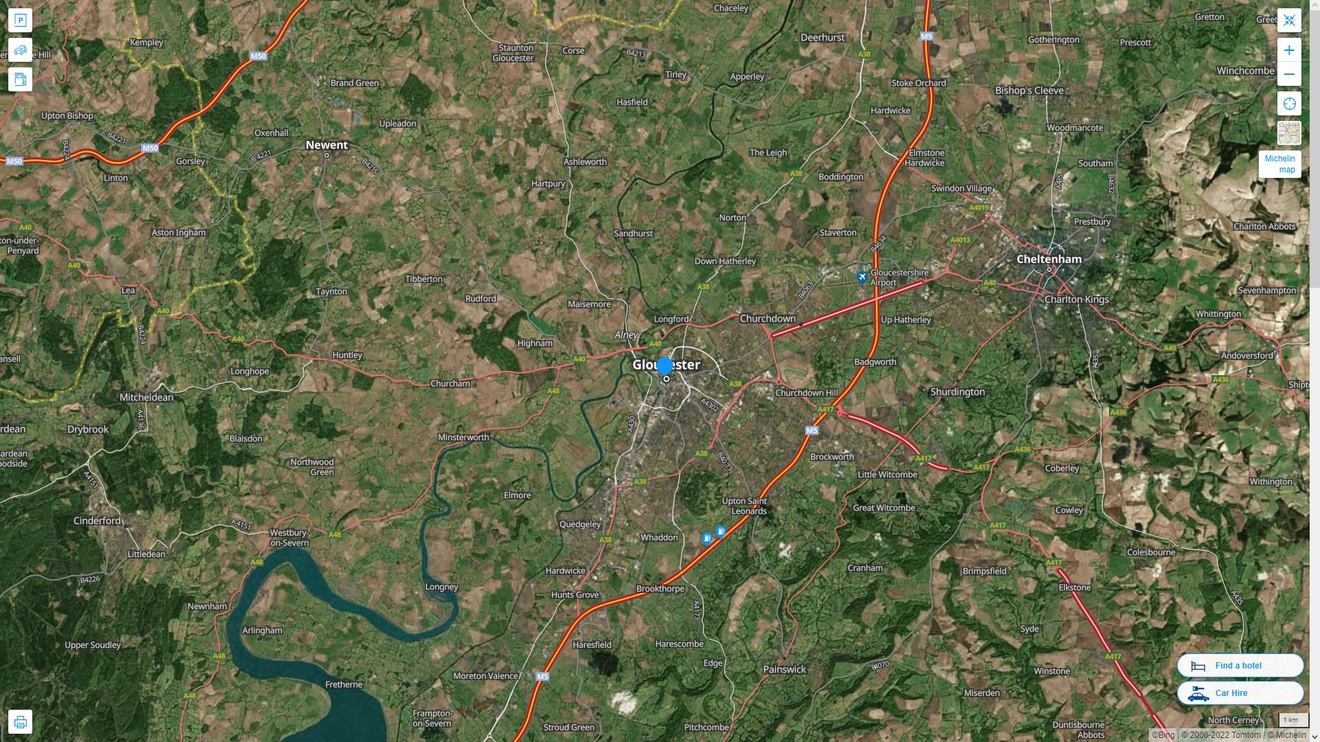 Gloucester Royaume Uni Autoroute et carte routiere avec vue satellite